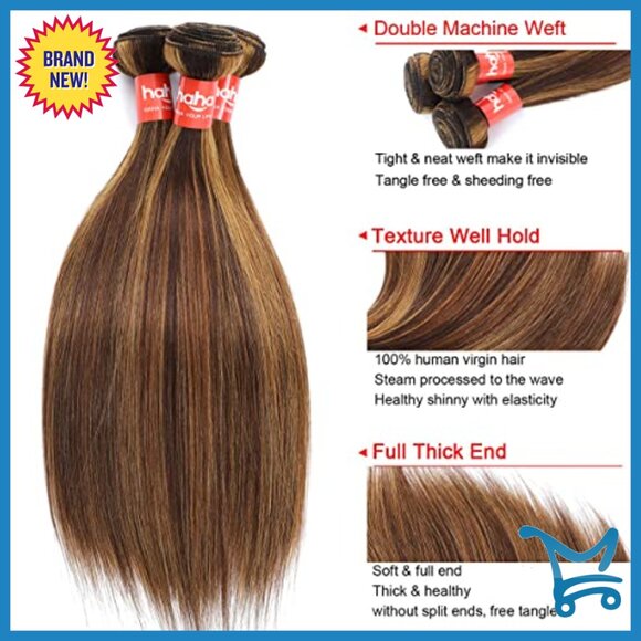 Human Hair Weave Bundles with 4x4 Lace Closure, 12 12 12+10 Inch Straight